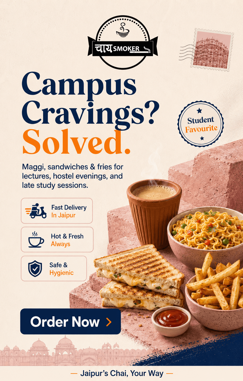 Campus Cravings? Solved. Maggi, sandwiches and fries for lectures, hostels and late study sessions.