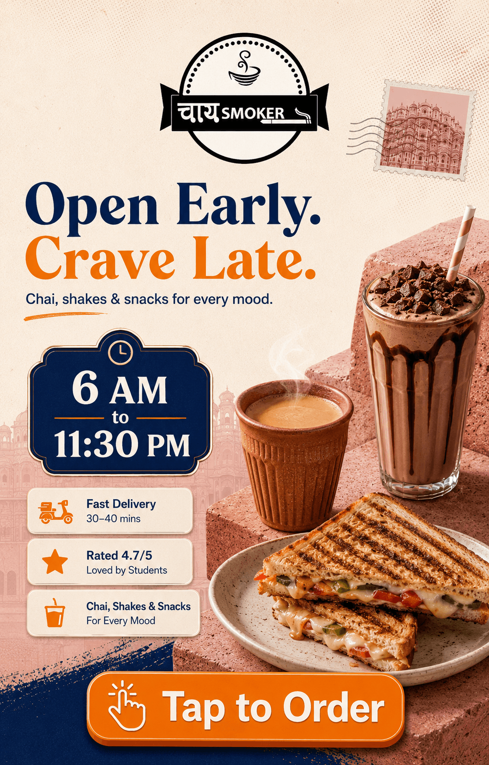 Open Early. Crave Late. Chai, shakes and snacks for every mood.